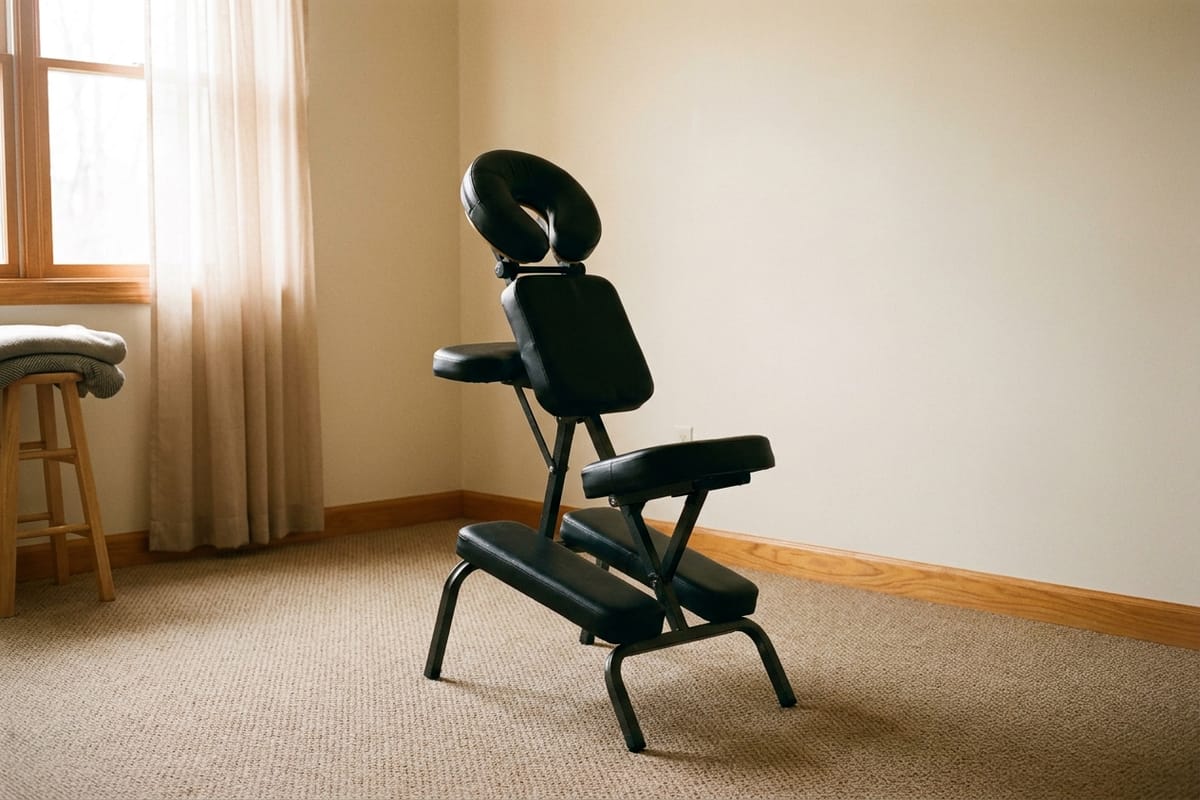 An empty portable seated massage chair standing beside a window.