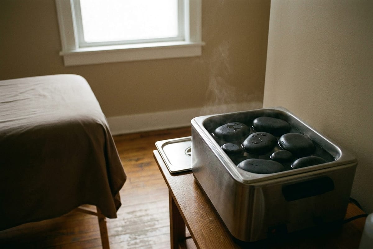 Smooth basalt stones warming in a stainless steel heater beside a made-up massage table.