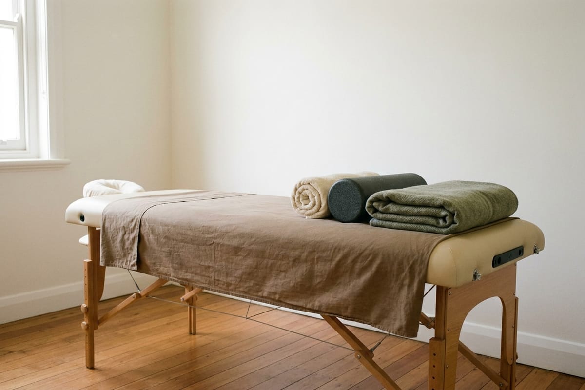 A massage table with rolled towels and a folded blanket at one end.